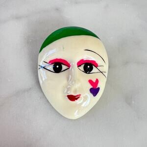 Vintage 80s Pierrot Clown Lady Mime Face Brooch